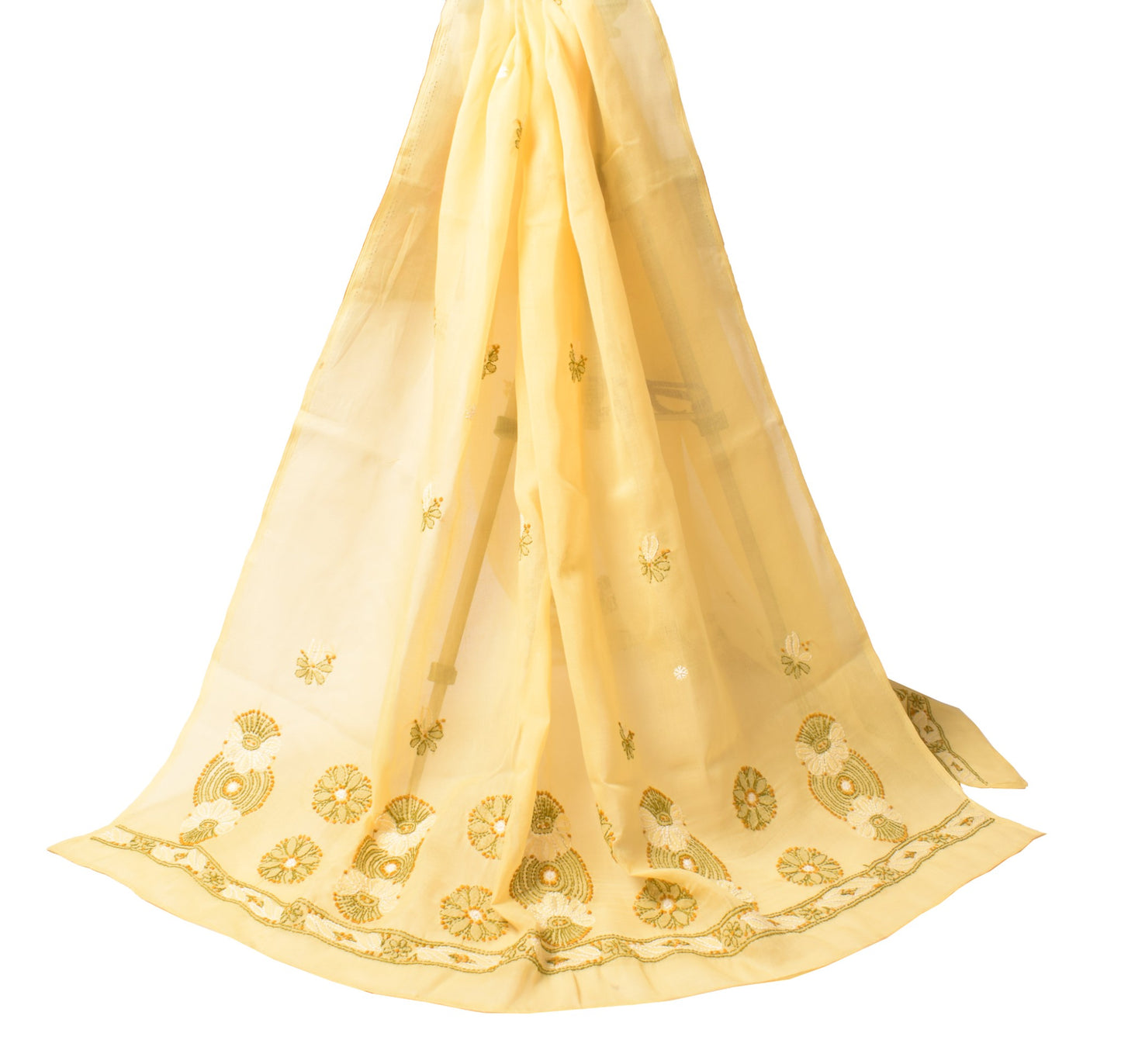 Sushila Vintage  Lucknow Chikankari Scrap Dupatta Art Cotton Yellow Long Stole