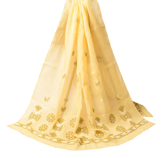 Sushila Vintage  Lucknow Chikankari Scrap Dupatta Art Cotton Yellow Long Stole