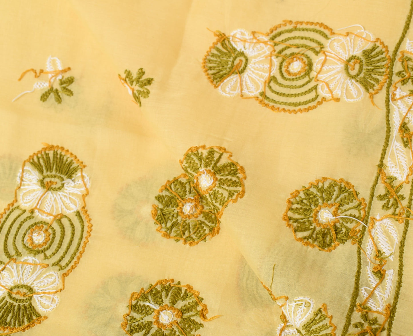 Sushila Vintage  Lucknow Chikankari Scrap Dupatta Art Cotton Yellow Long Stole