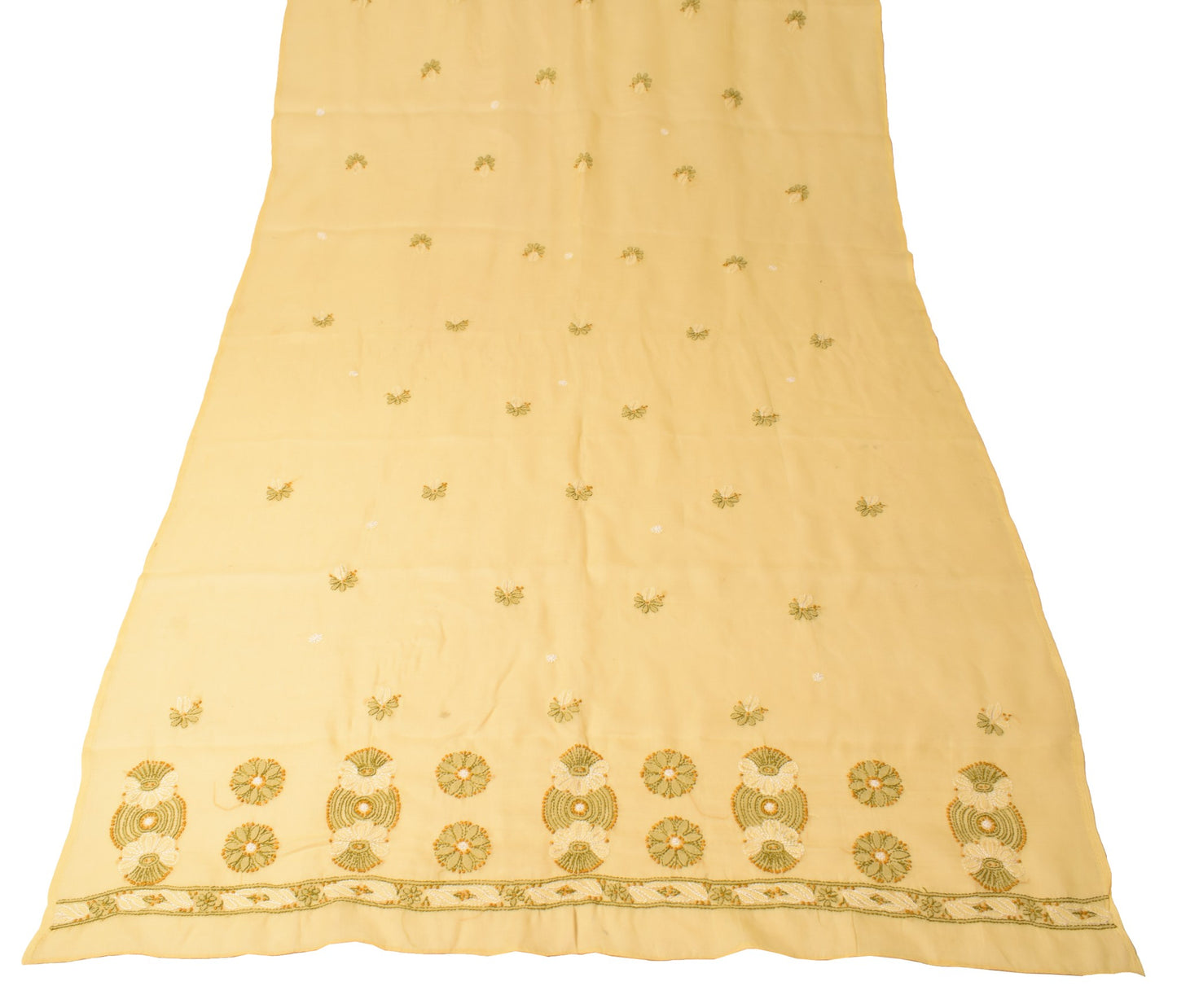 Sushila Vintage  Lucknow Chikankari Scrap Dupatta Art Cotton Yellow Long Stole