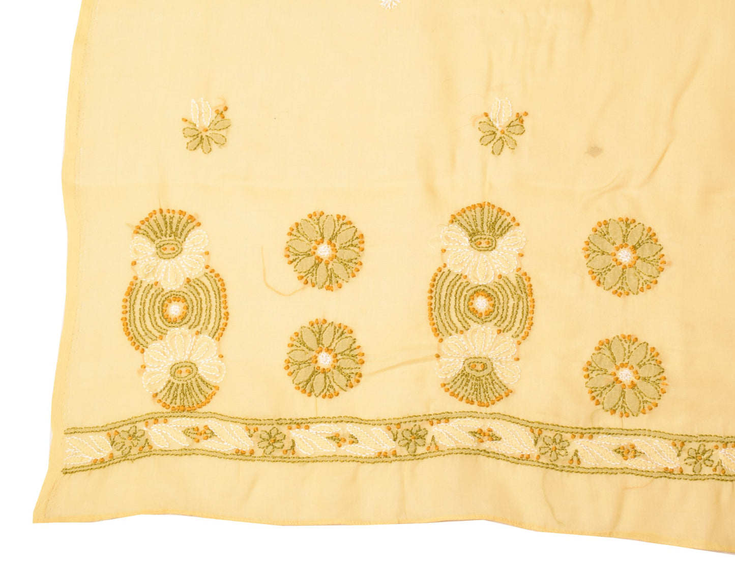 Sushila Vintage  Lucknow Chikankari Scrap Dupatta Art Cotton Yellow Long Stole