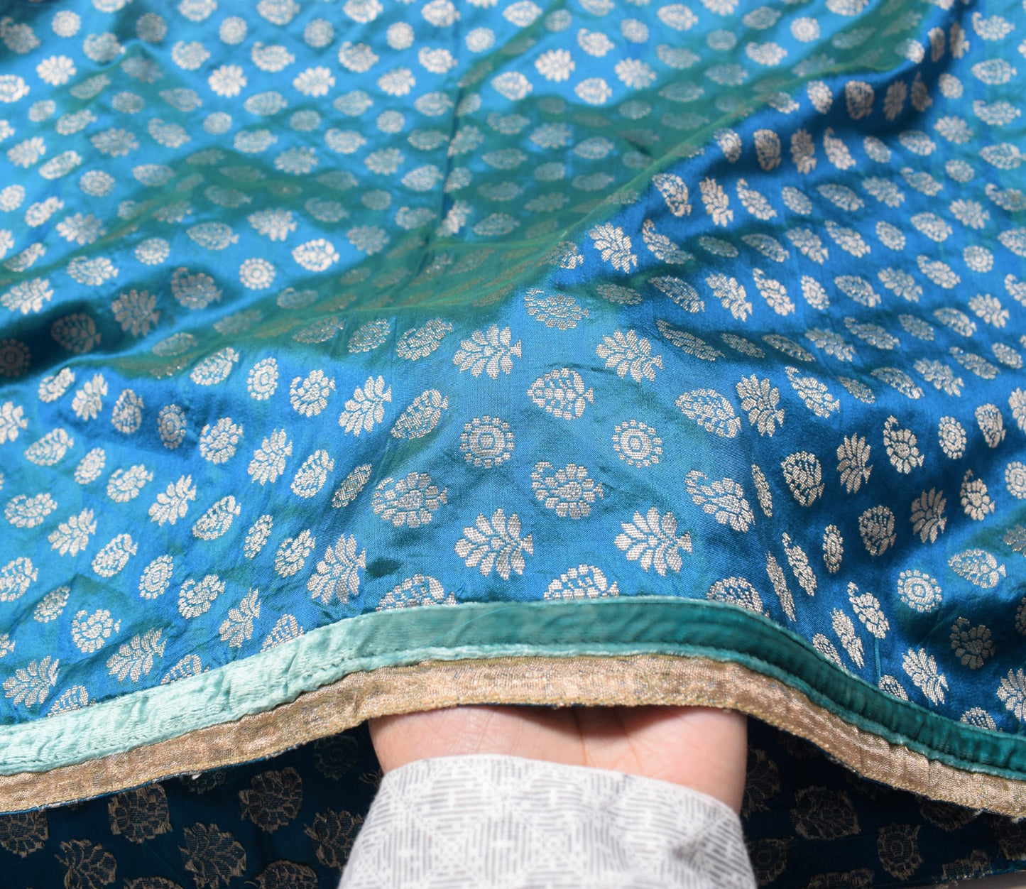 Sushila Vintage Banarasi Brocade Scrap Dupatta Pure Silk Teal Blue Long Stole