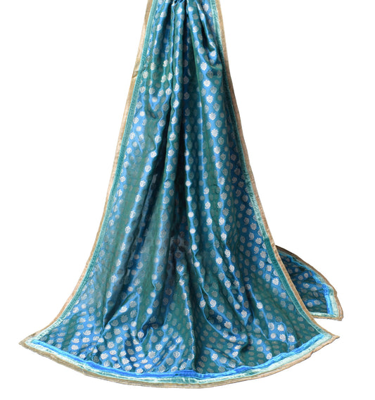 Sushila Vintage Banarasi Brocade Scrap Dupatta Pure Silk Teal Blue Long Stole
