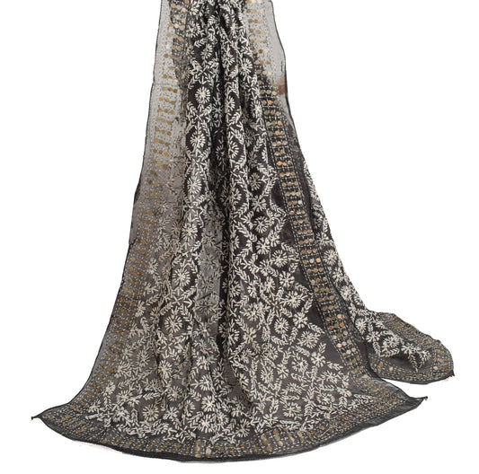 Sushila Vintage Black Scrap Dupatta Art Silk Handmade Phulkari OOAK Long Stole