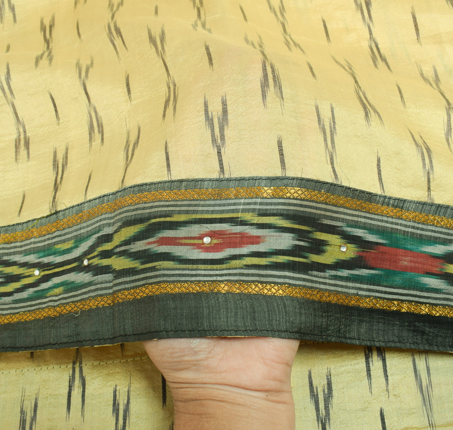 Sushila Vintage Cream Ikat Scrap Dupatta Pure Silk Hand Woven Remnant Long Stole