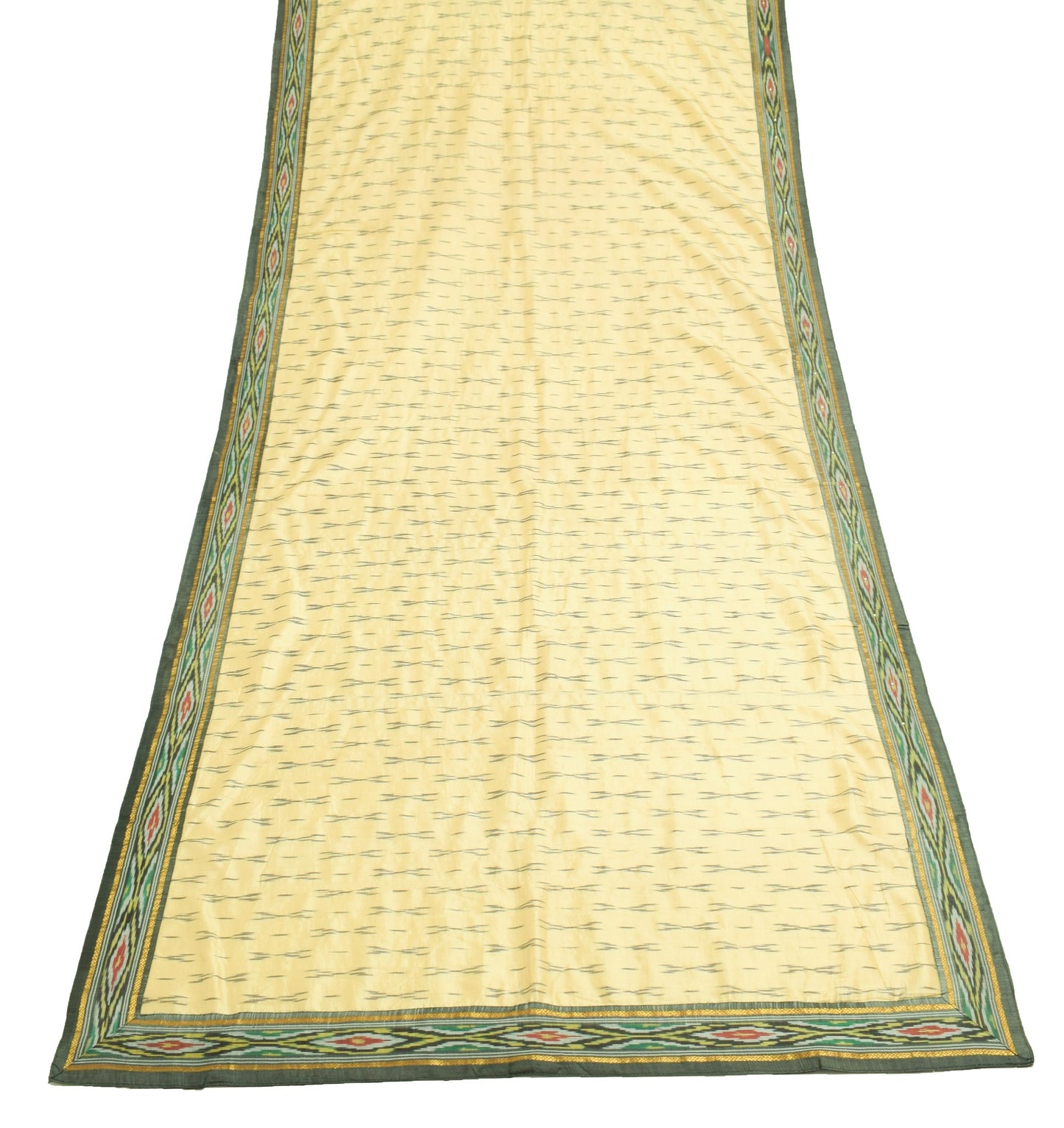 Sushila Vintage Cream Ikat Scrap Dupatta Pure Silk Hand Woven Remnant Long Stole