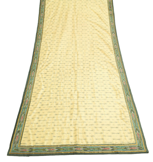 Sushila Vintage Cream Ikat Scrap Dupatta Pure Silk Hand Woven Remnant Long Stole