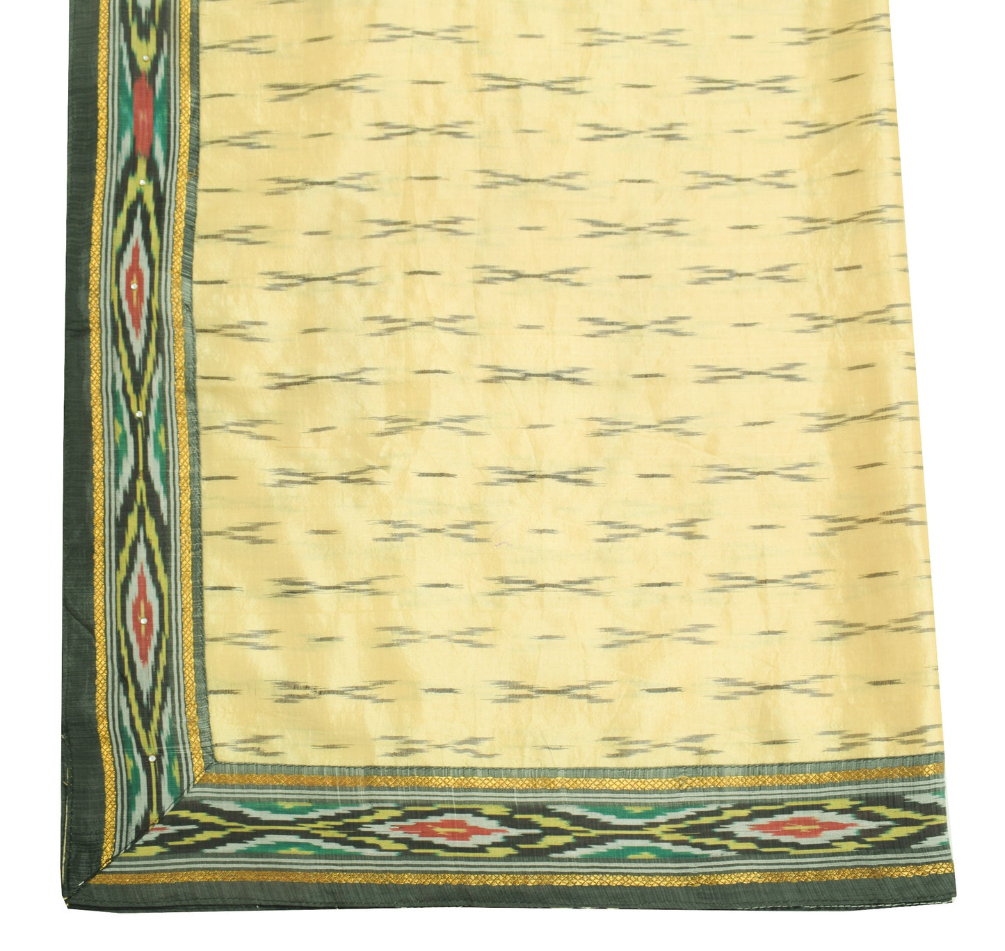Sushila Vintage Cream Ikat Scrap Dupatta Pure Silk Hand Woven Remnant Long Stole
