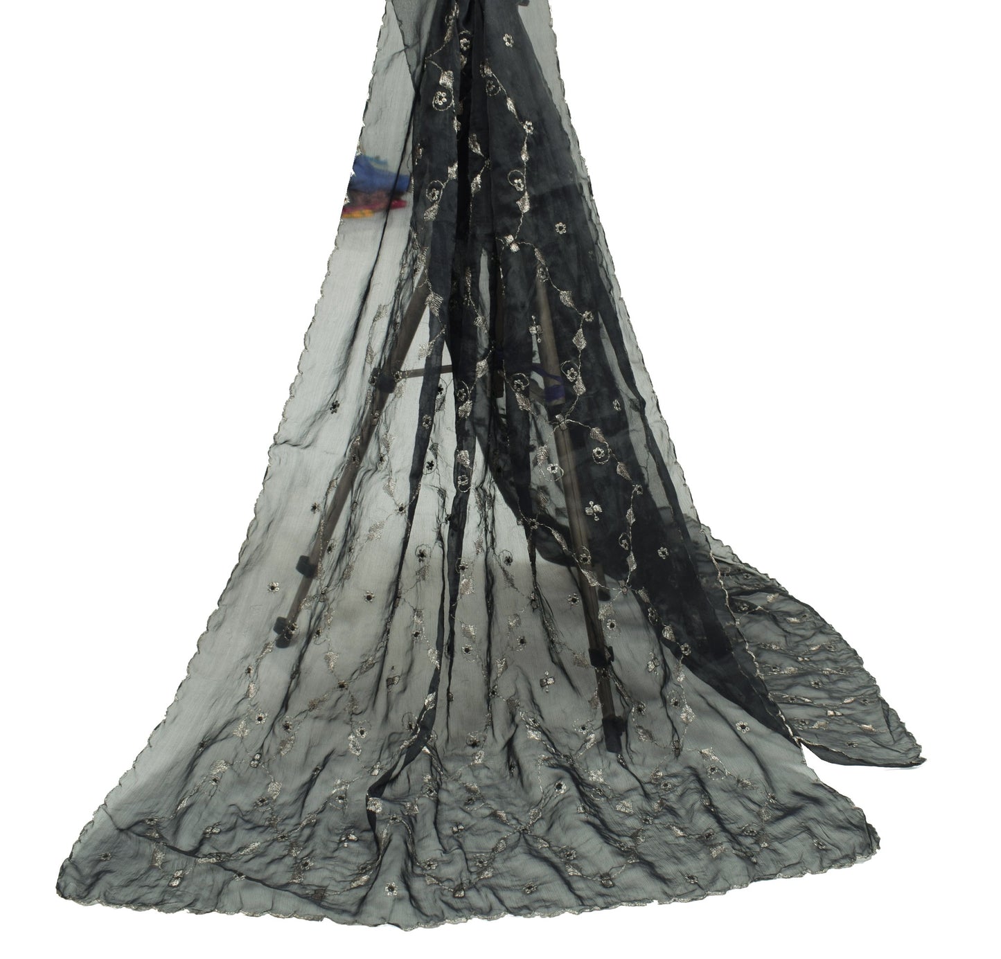Sushila Vintage Art Silk Scrap Dupatta Zari Embroidered Black Floral Long Stole