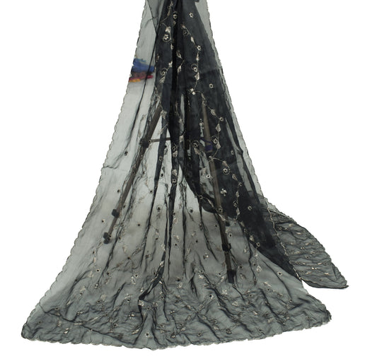 Sushila Vintage Art Silk Scrap Dupatta Zari Embroidered Black Floral Long Stole