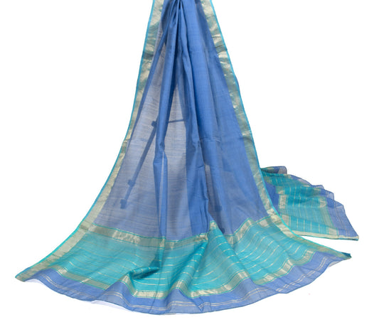 Sushila Vintage Hand Woven Scrap Dupatta Pure Cotton Blue Long Stole Scarves