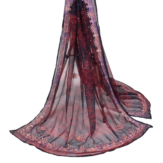 Sushila Vintage Tie-Dye Scrap Dupatta Pure Chiffon Maroon Hand Beaded Long Stole
