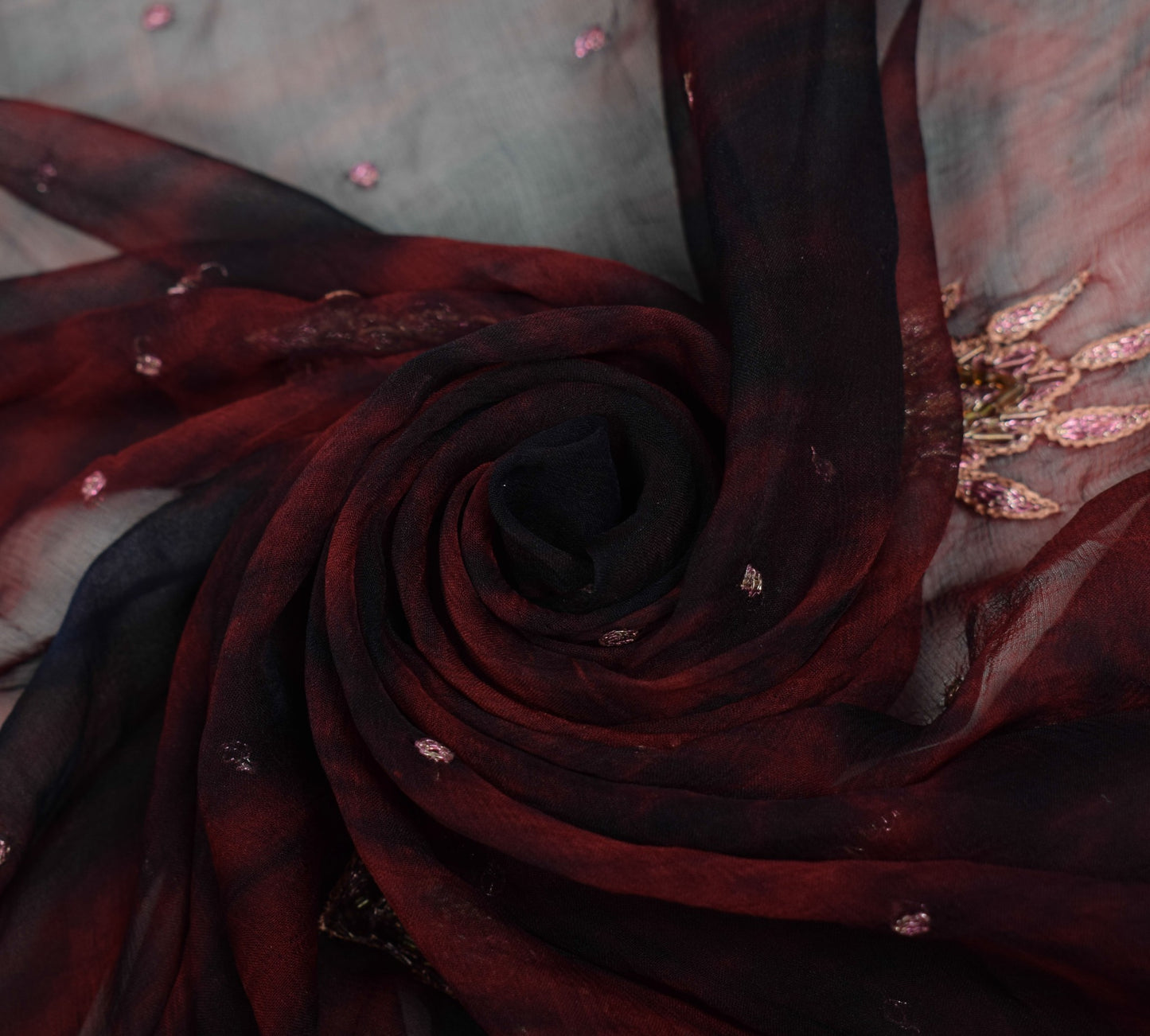 Sushila Vintage Tie-Dye Scrap Dupatta Pure Chiffon Maroon Hand Beaded Long Stole