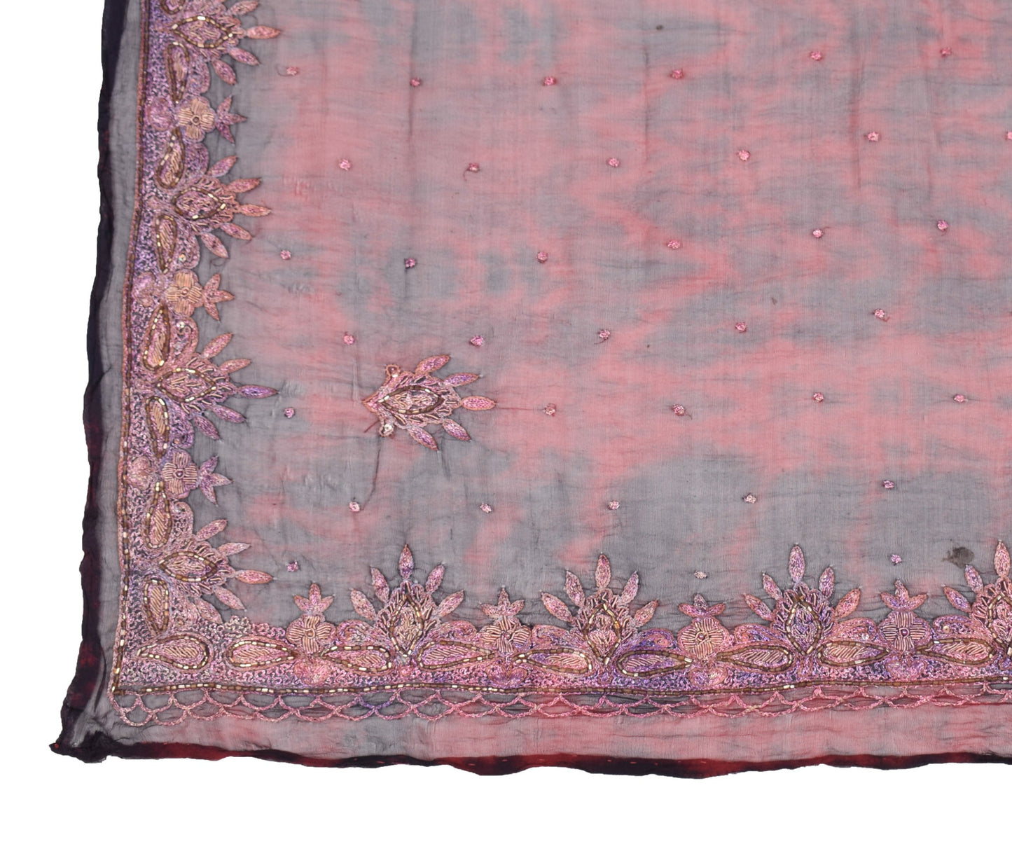 Sushila Vintage Tie-Dye Scrap Dupatta Pure Chiffon Maroon Hand Beaded Long Stole