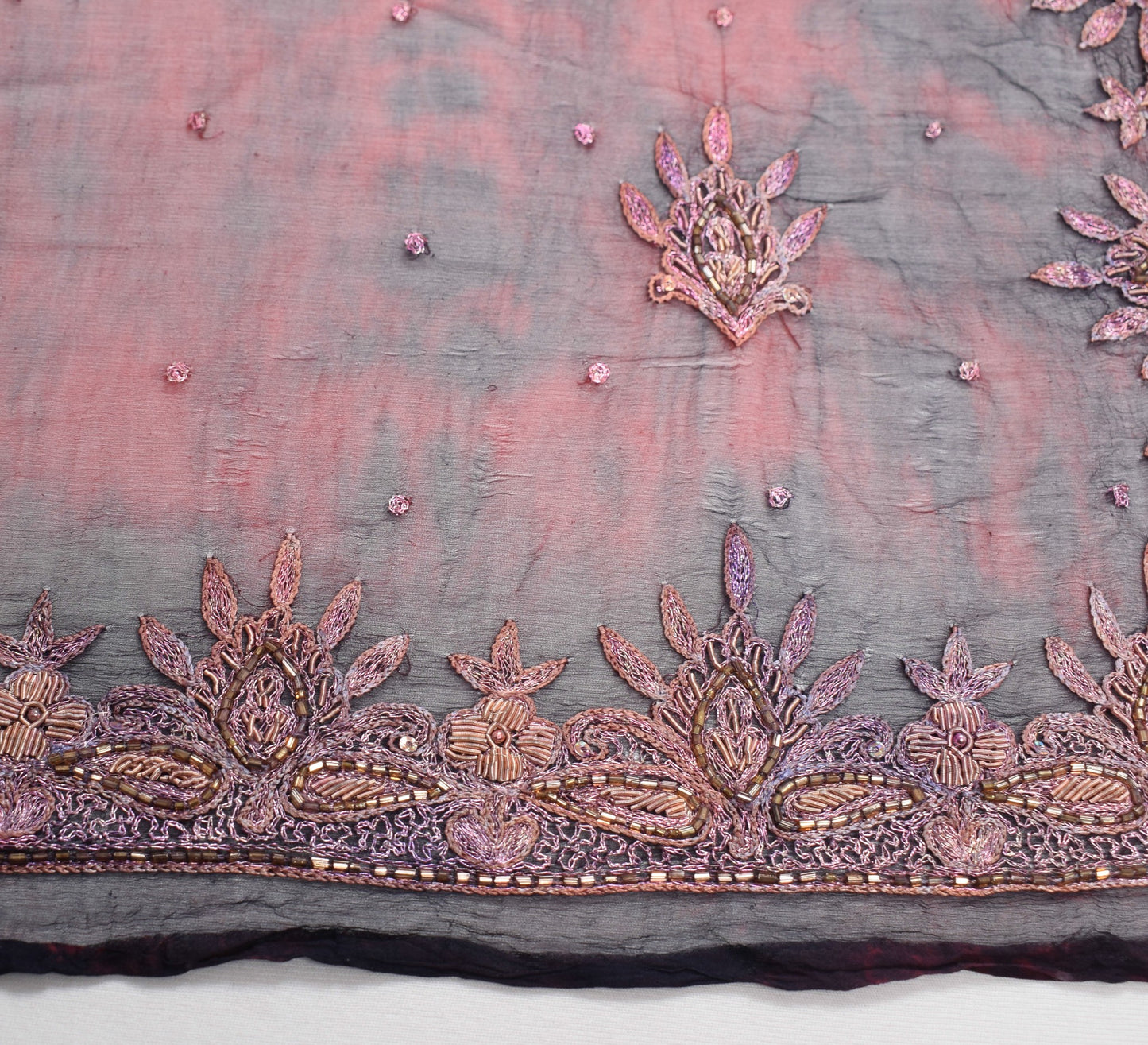 Sushila Vintage Tie-Dye Scrap Dupatta Pure Chiffon Maroon Hand Beaded Long Stole