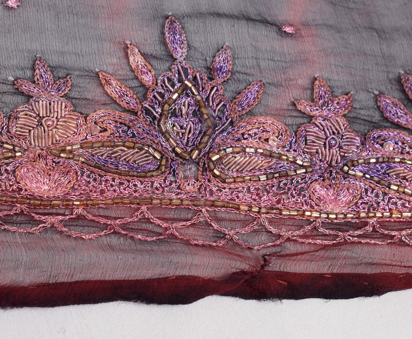 Sushila Vintage Tie-Dye Scrap Dupatta Pure Chiffon Maroon Hand Beaded Long Stole