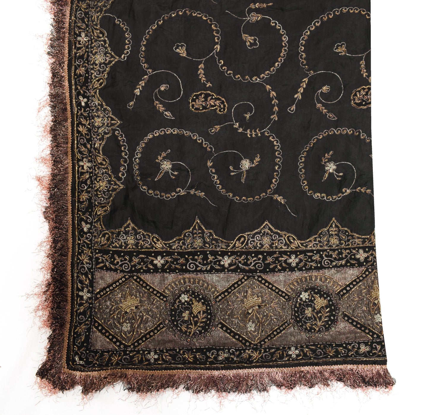 Sushila Vintage Black HEAVY Scrap Dupatta Pure Silk Handmade Zari Work LongStole