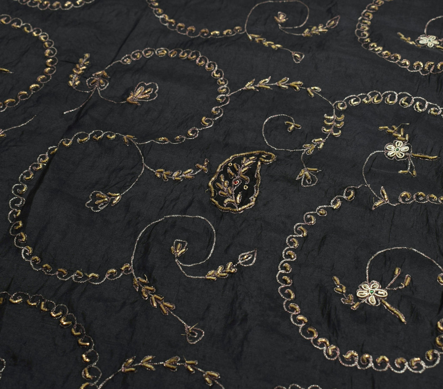 Sushila Vintage Black HEAVY Scrap Dupatta Pure Silk Handmade Zari Work LongStole