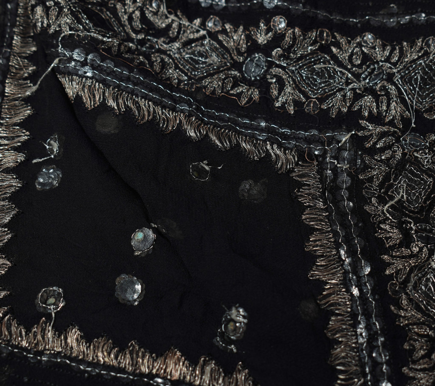 Sushila Vintage Sequins Embellish Scrap Dupatta Pure Georgette Black Long Stole