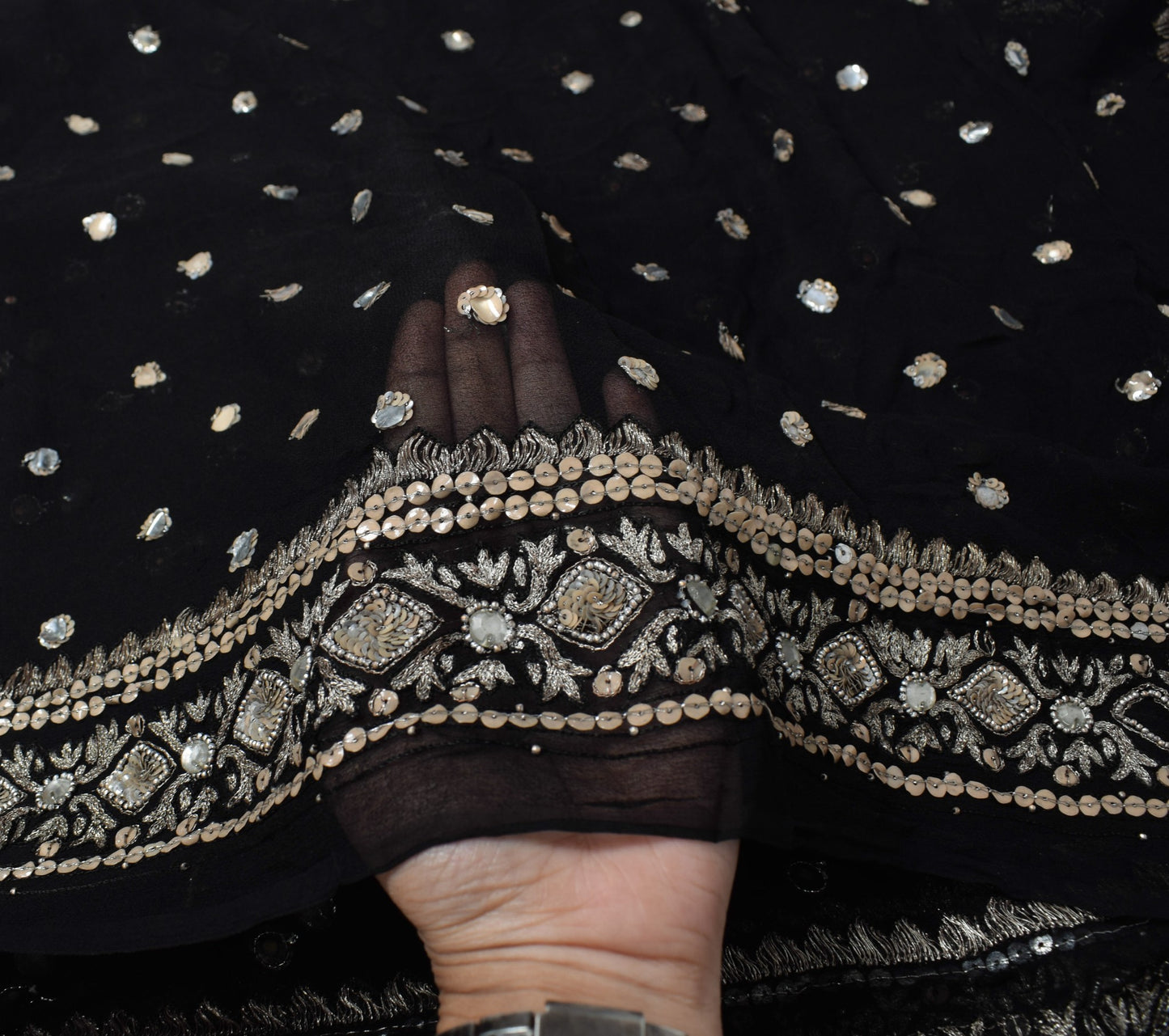 Sushila Vintage Sequins Embellish Scrap Dupatta Pure Georgette Black Long Stole