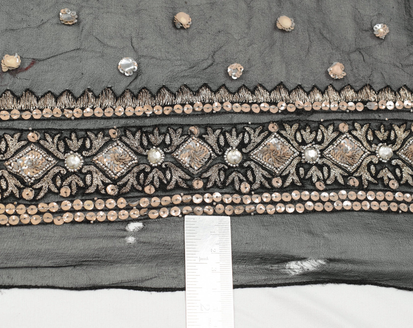 Sushila Vintage Sequins Embellish Scrap Dupatta Pure Georgette Black Long Stole