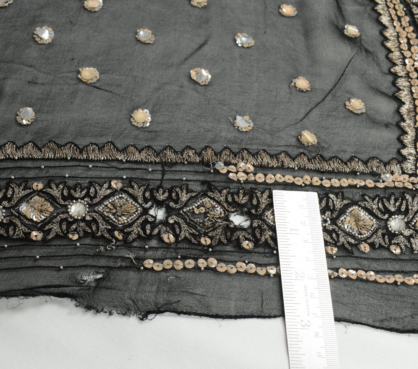 Sushila Vintage Sequins Embellish Scrap Dupatta Pure Georgette Black Long Stole