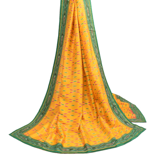 Sushila Vintage Ikat Scrap Dupatta Pure Silk Hand Woven Yellow Craft Long Stole