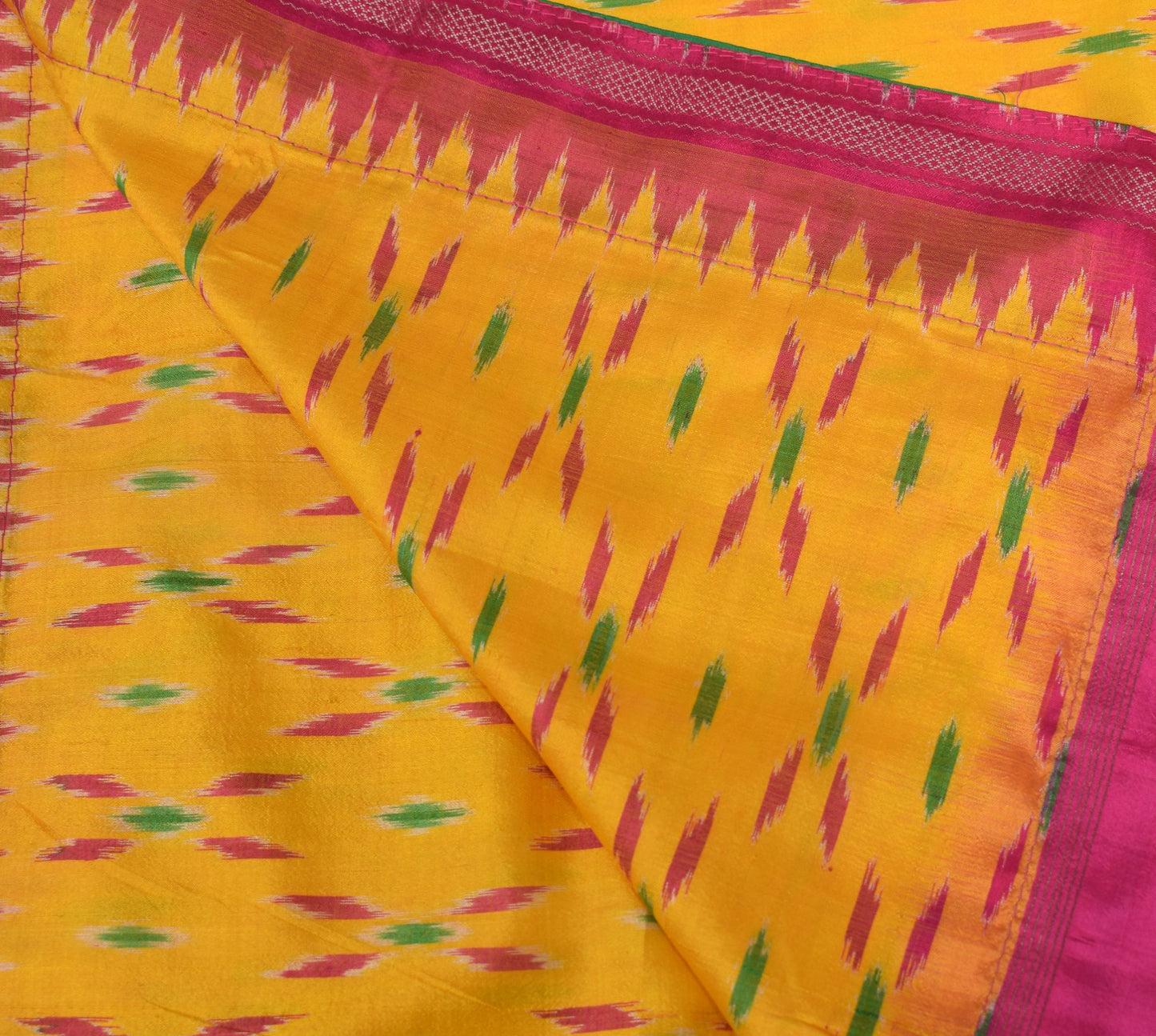Sushila Vintage Ikat Scrap Dupatta Pure Silk Hand Woven Yellow Craft Long Stole