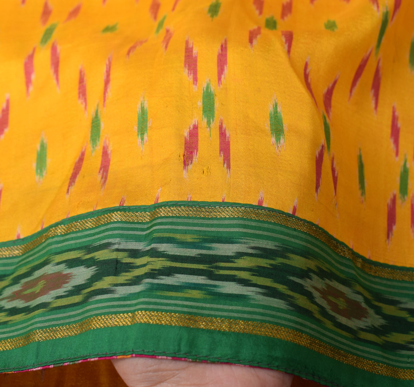 Sushila Vintage Ikat Scrap Dupatta Pure Silk Hand Woven Yellow Craft Long Stole