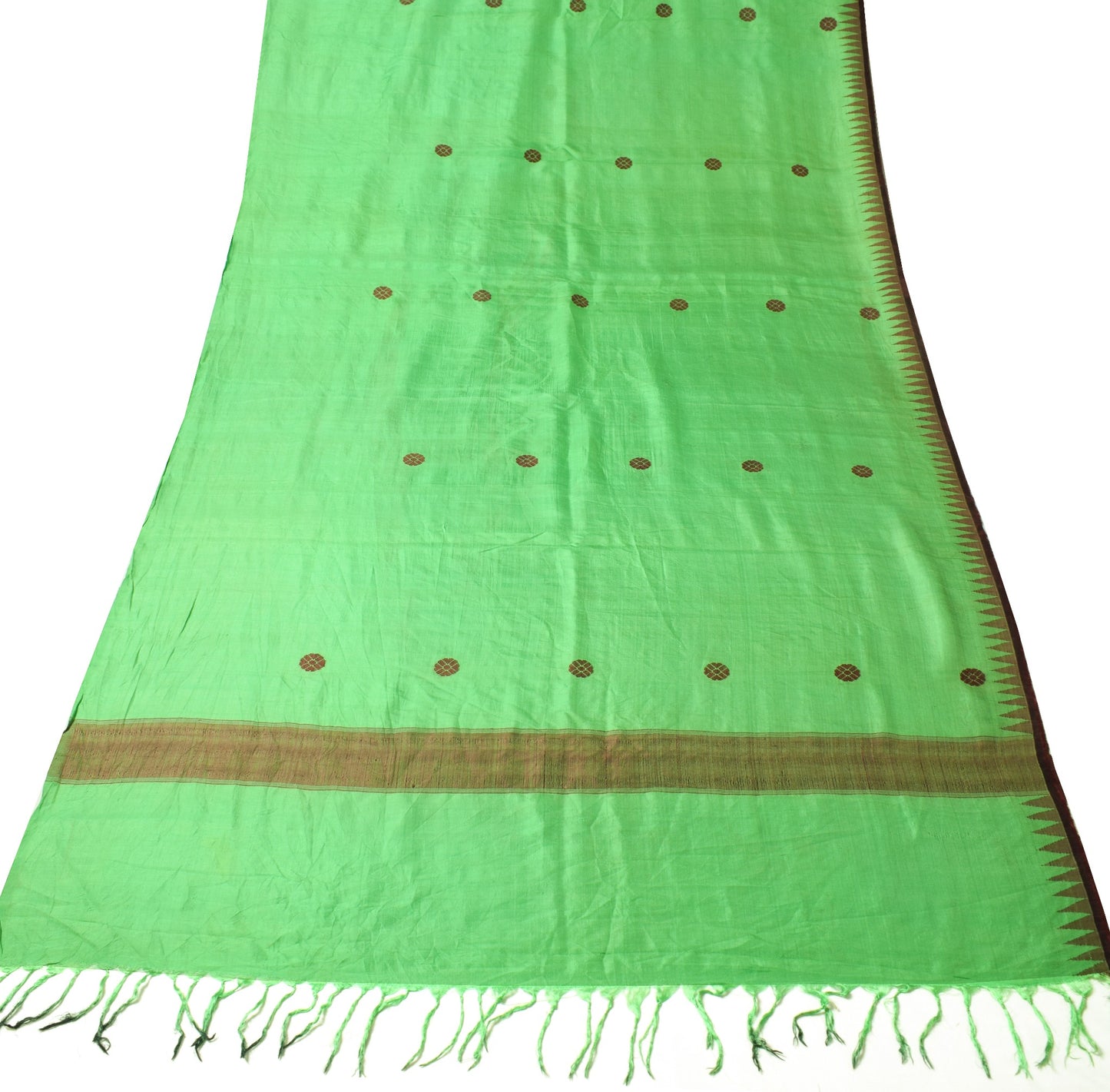 Sushila Vintage Green Sari Remnant Scrap Pure Silk Floral Woven Craft Fabric