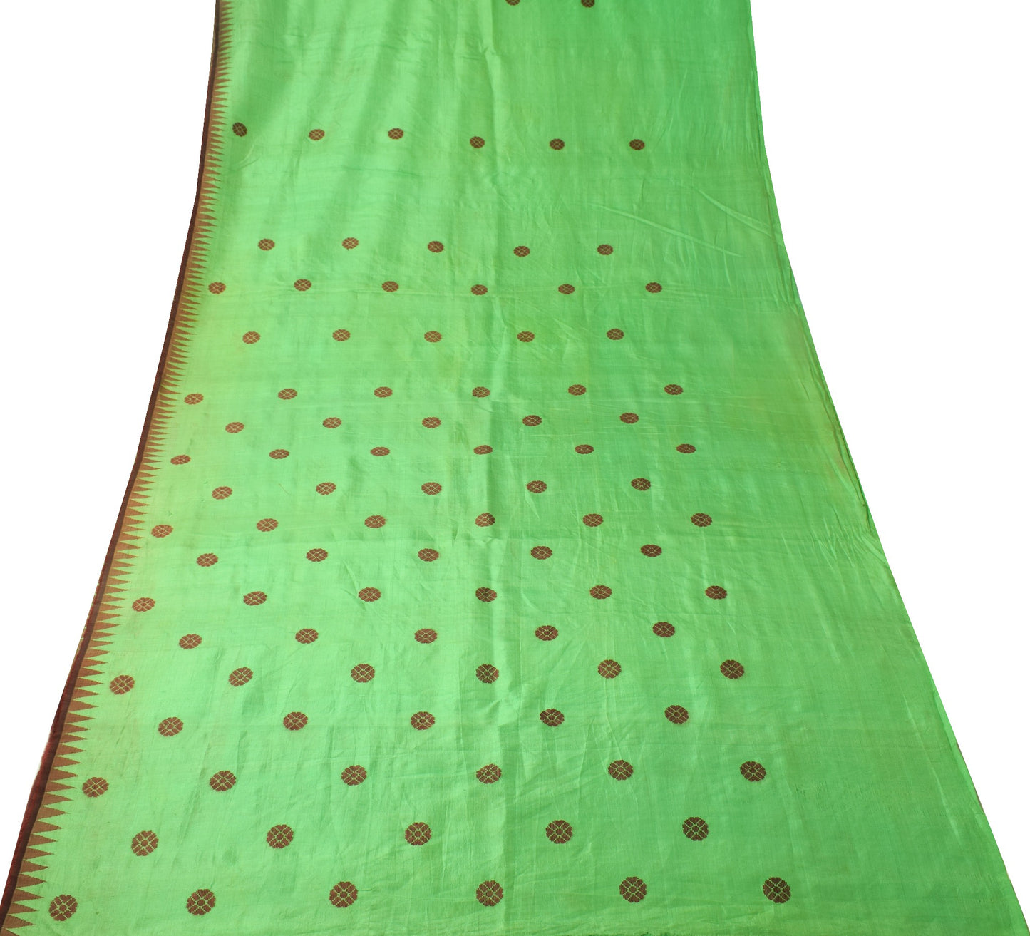 Sushila Vintage Green Sari Remnant Scrap Pure Silk Floral Woven Craft Fabric
