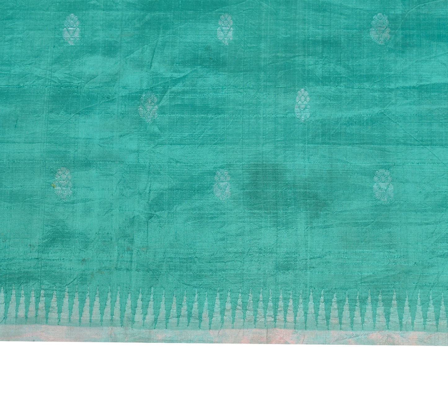 Sushila Vintage Dark Aqua Sari Remnant Scrap Pure Silk Floral Woven Craft Fabric