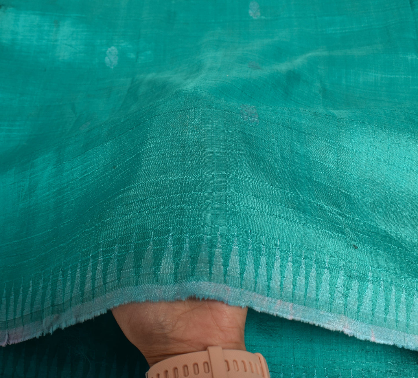 Sushila Vintage Dark Aqua Sari Remnant Scrap Pure Silk Floral Woven Craft Fabric