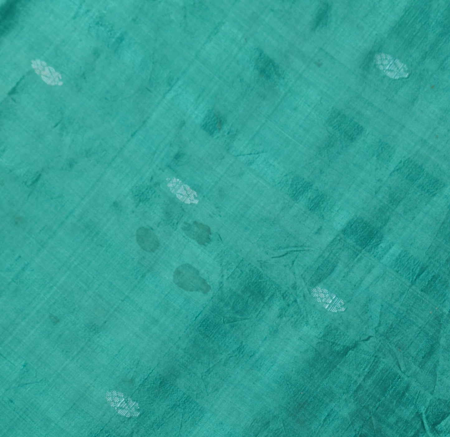 Sushila Vintage Dark Aqua Sari Remnant Scrap Pure Silk Floral Woven Craft Fabric
