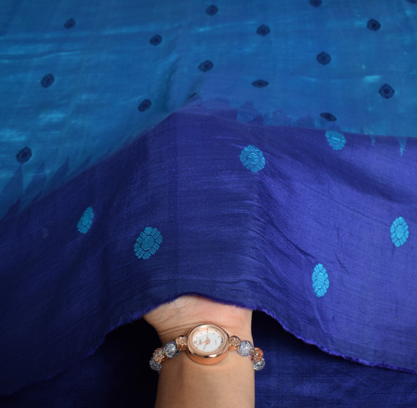 Sushila Vintage Blue Sari Remnant Scrap Floral Blue Soft  Pure Silk Craft Fabric