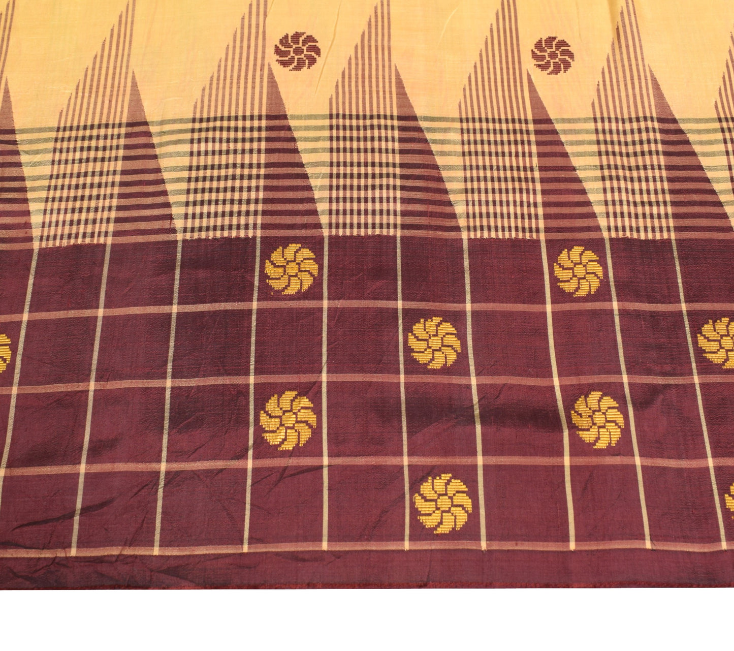 Sushila Vintage Floral Beige Sari Remnant Scrap Hand Woven PureSilk Craft Fabric