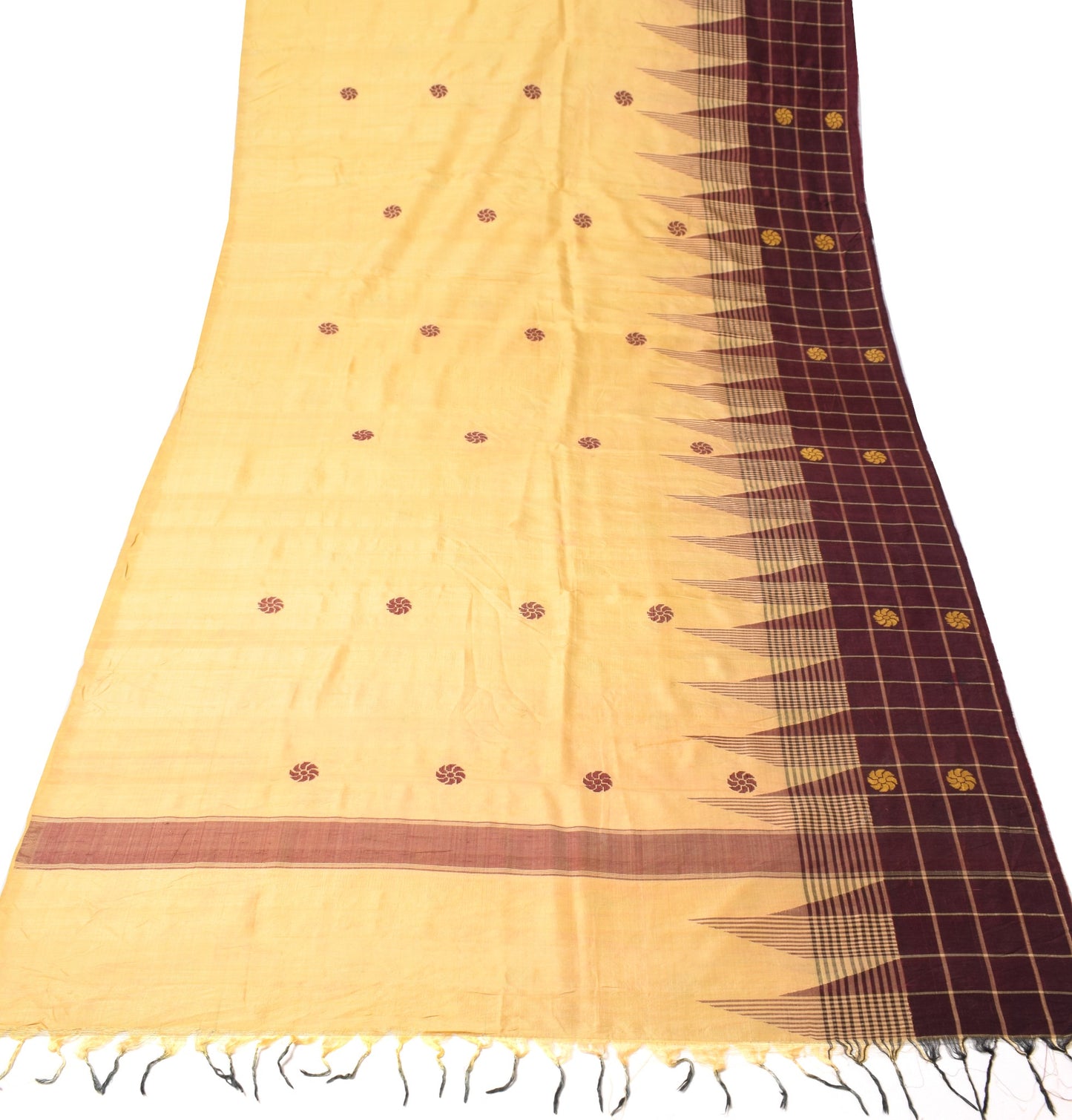 Sushila Vintage Floral Beige Sari Remnant Scrap Hand Woven PureSilk Craft Fabric