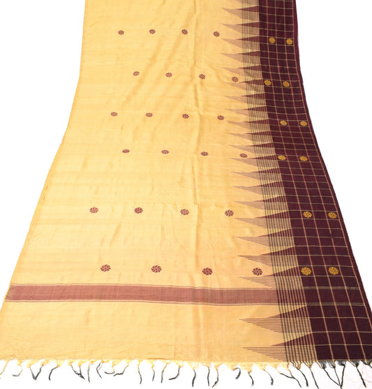 Sushila Vintage Floral Beige Sari Remnant Scrap Hand Woven PureSilk Craft Fabric
