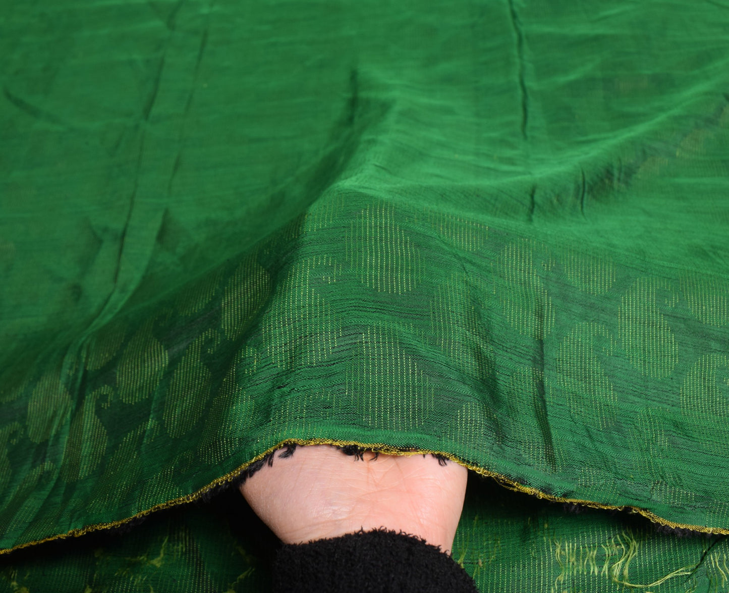 Sushila Vintage Green Sari Remnant Scrap Woven Paisley Pure Silk Craft Fabric