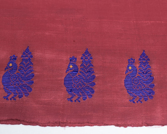 Sushila Vintage Maroon Sari Remnant Scrap Peacock Woven Pure Silk Craft Fabric