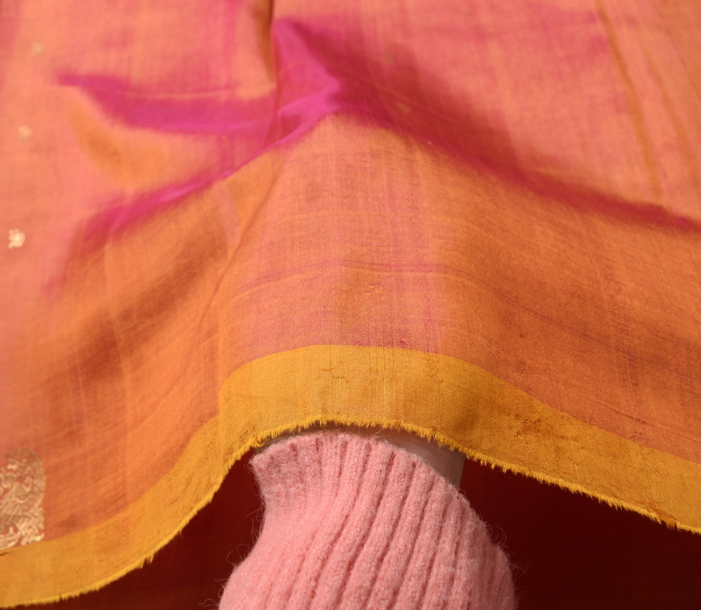Sushila Vintage Mustard Sari Remnant Scrap Pure Silk Dual Tone Craft Fabric