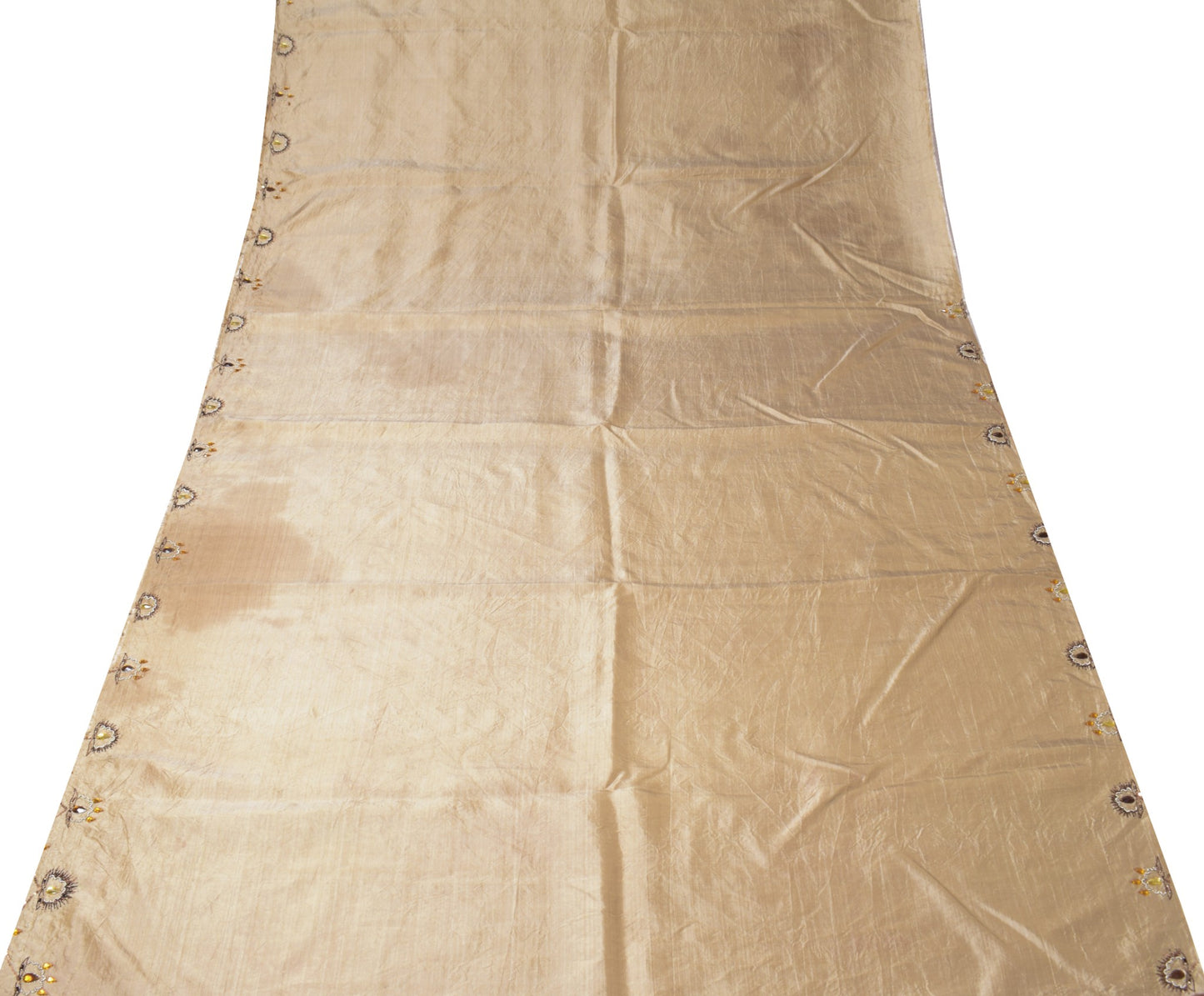 Sushila Vintage Embroidered Sari Remnant Scrap Brown Pure Silk 4YD Craft Fabric