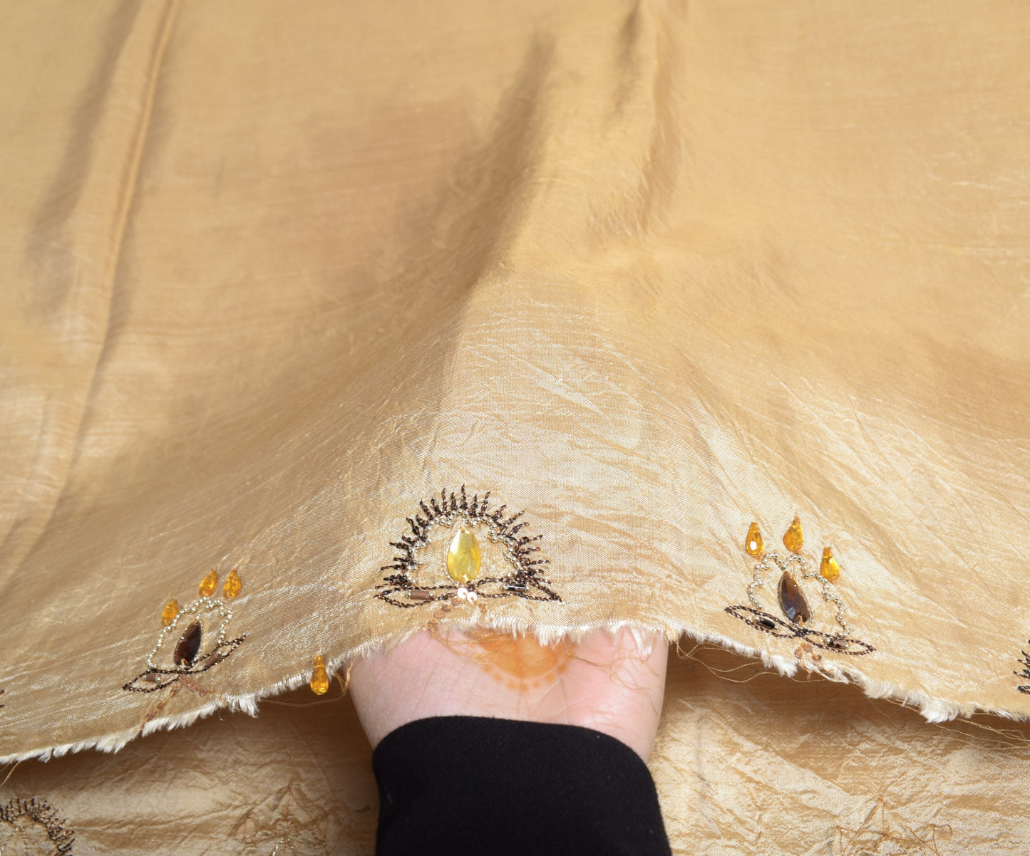 Sushila Vintage Embroidered Sari Remnant Scrap Brown Pure Silk 4YD Craft Fabric