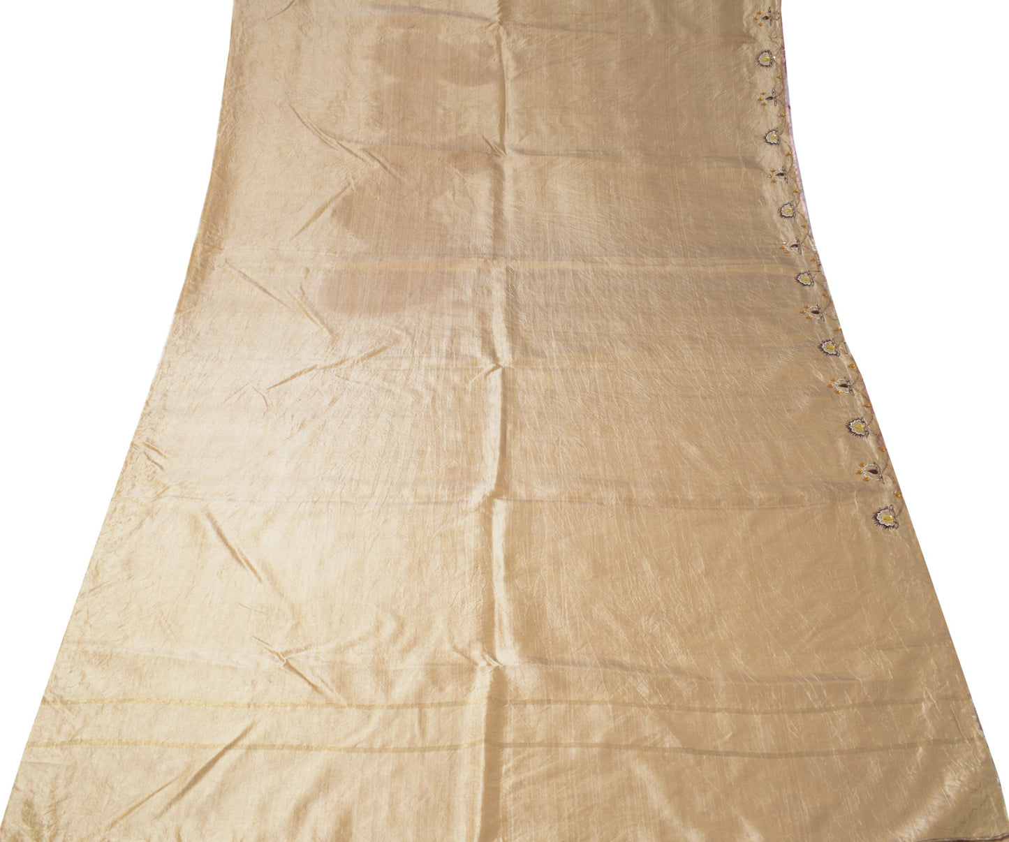 Sushila Vintage Embroidered Sari Remnant Scrap Brown Pure Silk 4YD Craft Fabric
