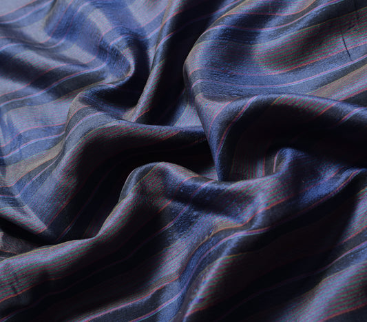 Sushila Vintage DarkBlue Sari Remnant Scrap Stripes Woven Pure Silk Craft Fabric