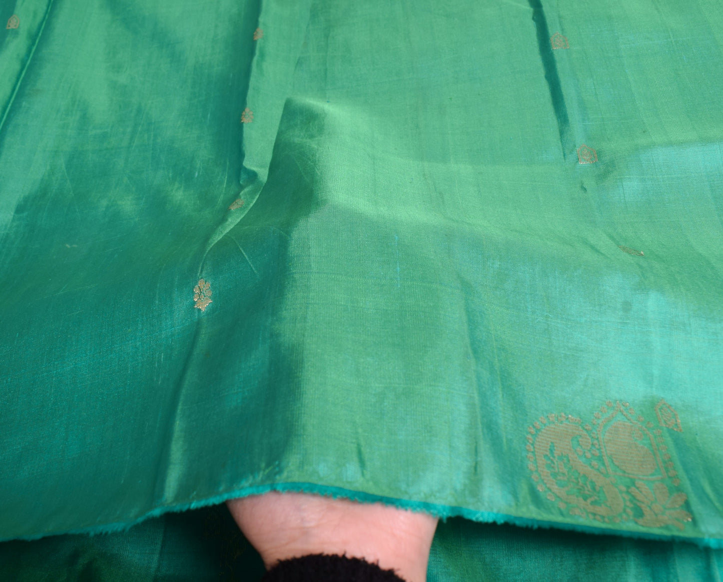 Sushila Vintage Aqua Green Sari Remnant Scrap Zari Woven Pure Silk Craft Fabric