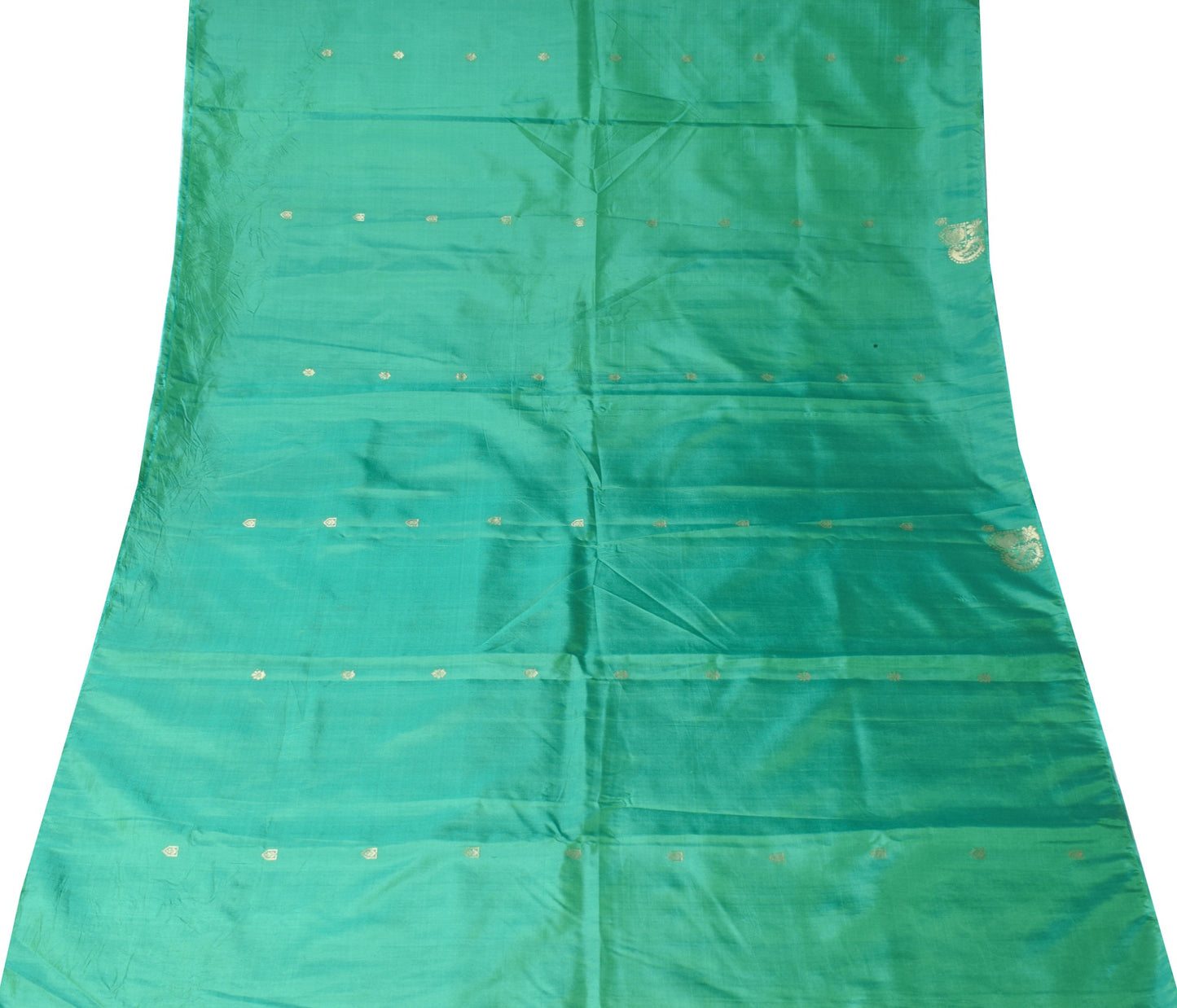 Sushila Vintage Aqua Green Sari Remnant Scrap Zari Woven Pure Silk Craft Fabric