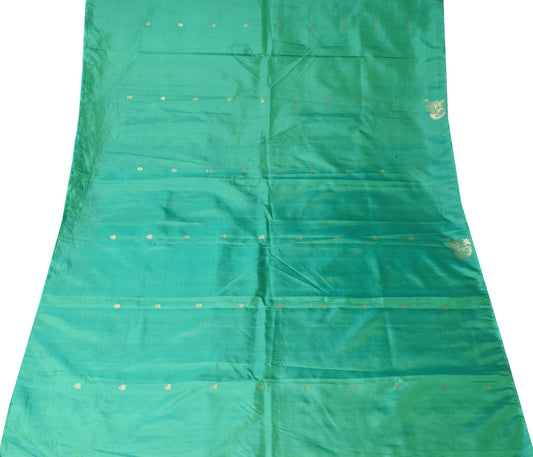 Sushila Vintage Aqua Green Sari Remnant Scrap Zari Woven Pure Silk Craft Fabric
