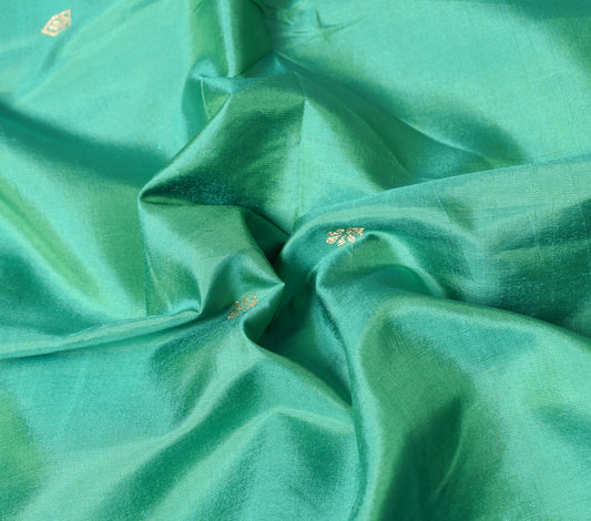 Sushila Vintage Aqua Green Sari Remnant Scrap Zari Woven Pure Silk Craft Fabric