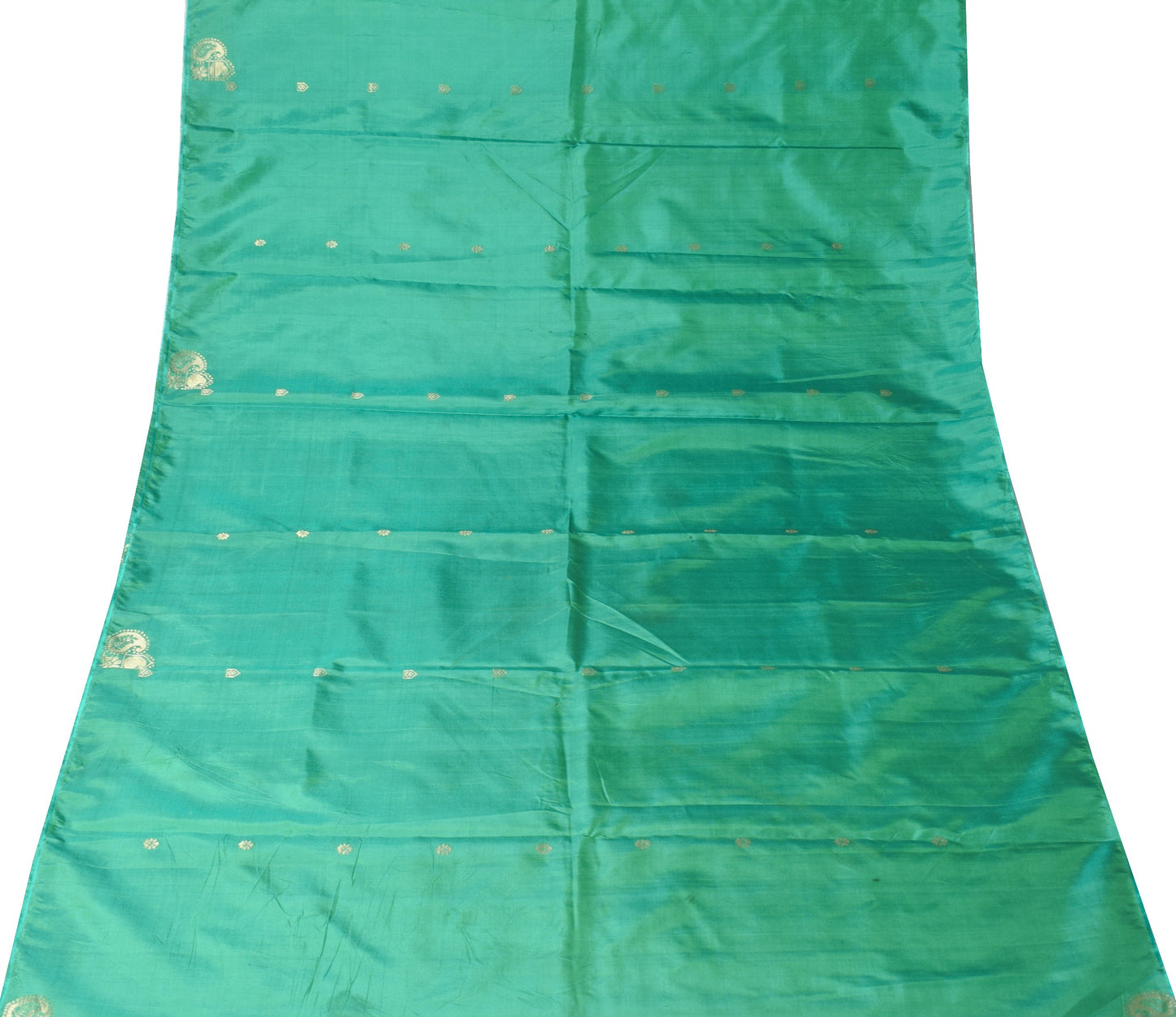 Sushila Vintage Aqua Green Sari Remnant Scrap Zari Woven Pure Silk Craft Fabric
